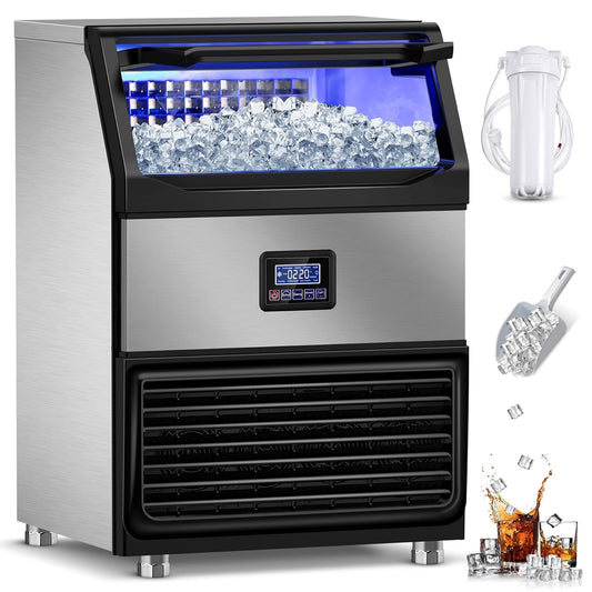 Ice Maker Machine Commercial, 240Lbs/24H with 75Lbs Storage Bin, 80Pcs Ice Cubes 8Mins, Freestanding Large Ice Machine with Water Filter and Ice Scoop for Restaurant Bar Home Office