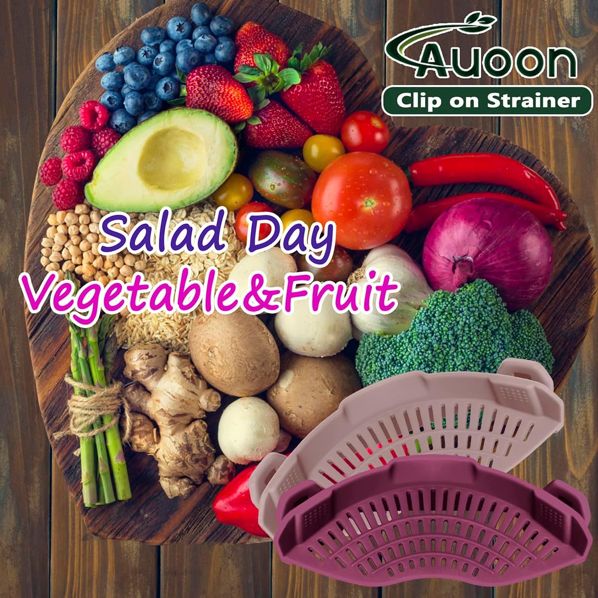 AUOON Clip on Strainer for Pots and Pans - Silicone Food Strainer for Draining Pasta, Spaghetti, Noodles, Fruits, Vegetables, Grease, Ground Beef (Almond Rose)