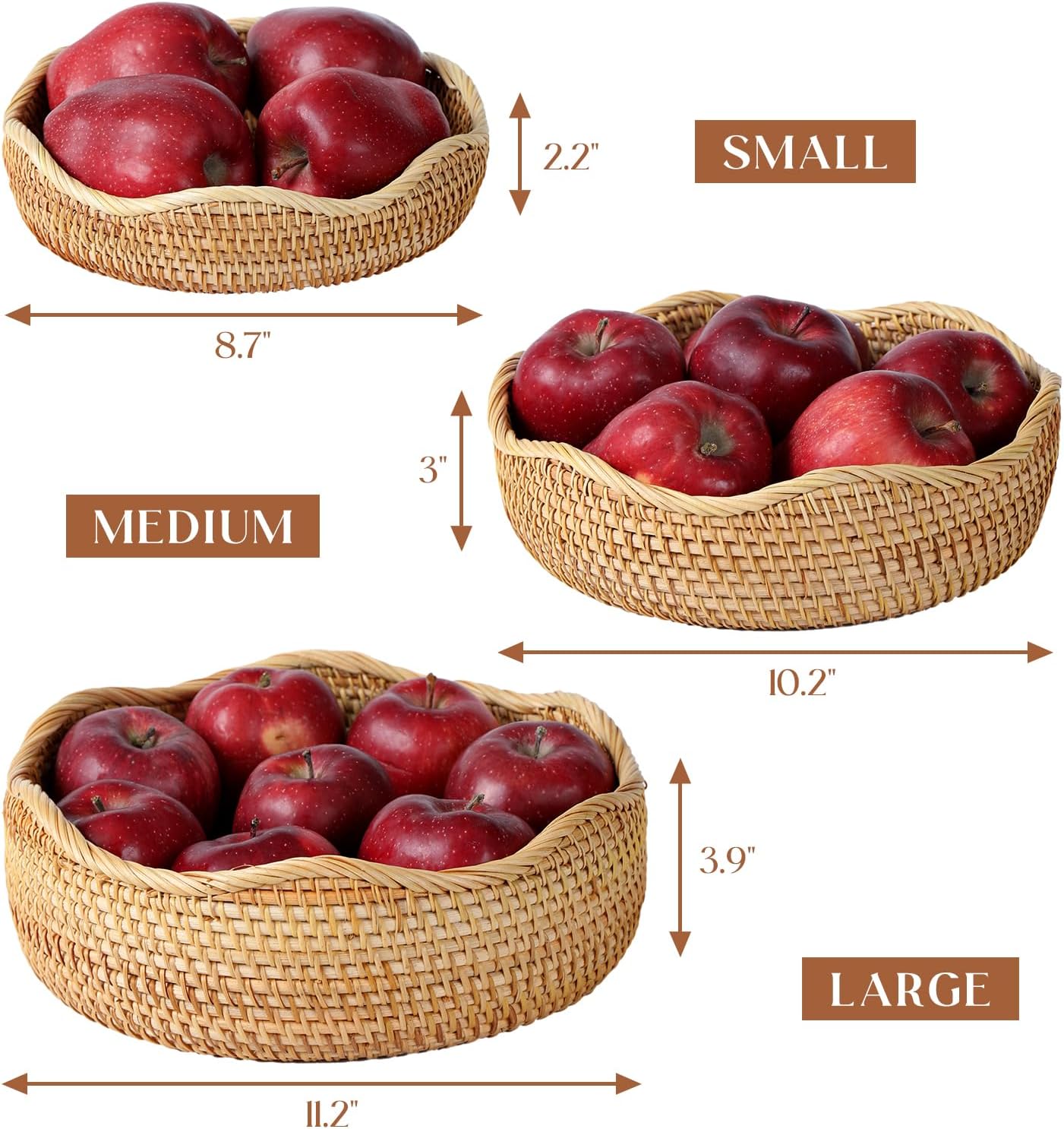 Rattan Bread Basket, Round Fruit Baskets, Scalloped Wicker Storage Bowls, Natural Woven Serving Basket Bowls, Decorative Baskets for Kitchen Counter Organizing, Gift Basket, 1 Pack, S Size