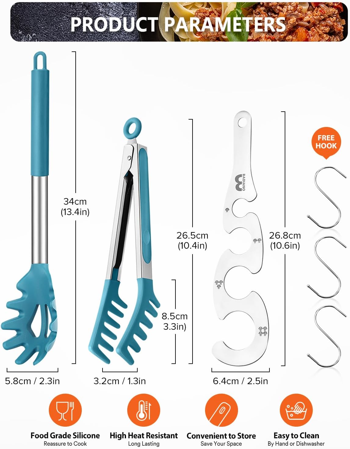 Silicone Spaghetti Spoon & Pasta Tong With Pasta Measurer, 3 Pack of Non-Stick Stainless Steel Handle Pasta Fork Set with Teeth, Food Clip for Easy Serving of Noodles (BLUE)