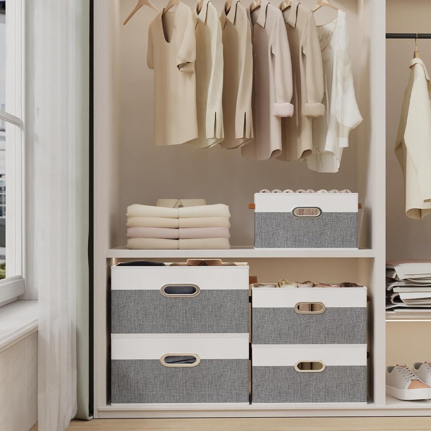 Yawinhe Fabric Storage Bins with Handles, Foldable Baskets for Shelves, Cubes with 3 Handles, Large Boxes for Clothes, White/Grey, 16.9''Lx11.8''Wx10.2''H, 6-Pack