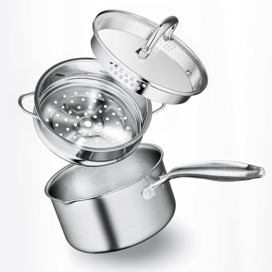 Leetaltree 1.5 Quart Stainless Steel Saucepan with Steamer Basket, Tri-ply Construction, Versatile Sauce Pan with Double-sized Drainage Lid - Perfect for Cooking Gravies. Pasta, Vegetable and More