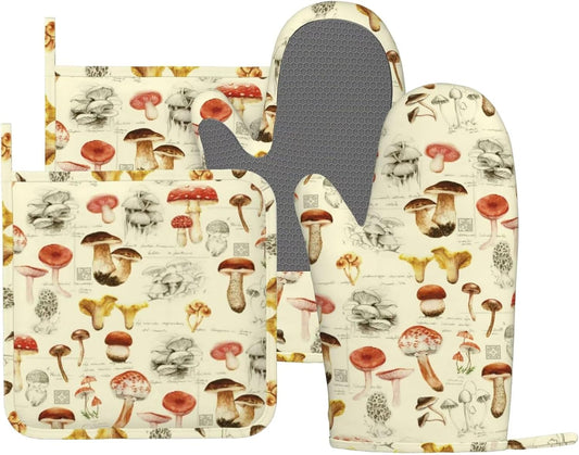 Mushroom Oven Mitts and Pot Holders Sets Silicone Vintage Mushrooms Kitchen Mitts Potholders Heat Resistant 4Pcs Oven Gloves Hot Pads for Kitchen Baking Cooking BBQ Grilling