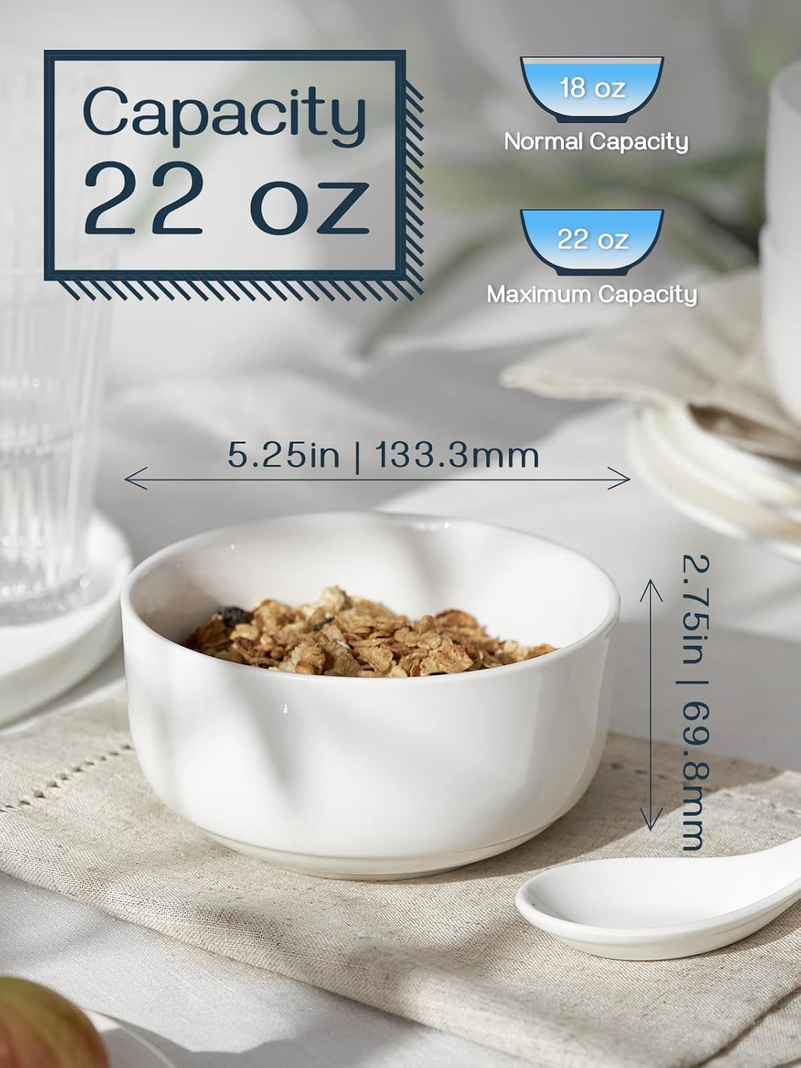 DOWAN 22 OZ Ceramic Cereal Bowls - 5.25" White Soup Bowls Set of 6 for Kitchen, Bouillon Cups for Cereal, Soup, Oatmeal, Rice, Dishwasher & Microwave Safe