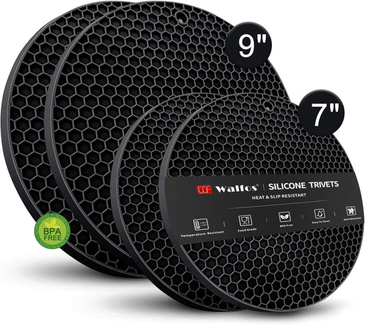 Silicone Trivet Mats - Walfos Heat Resistant Pot Holders Set, 4pcs 2 Sizes 7 Inch & 9 Inch, Multipurpose Non-Slip Hot Pads for Hot Pot, Hot Dishers, Jar Opener, Food Grade & BPA Free (Black)