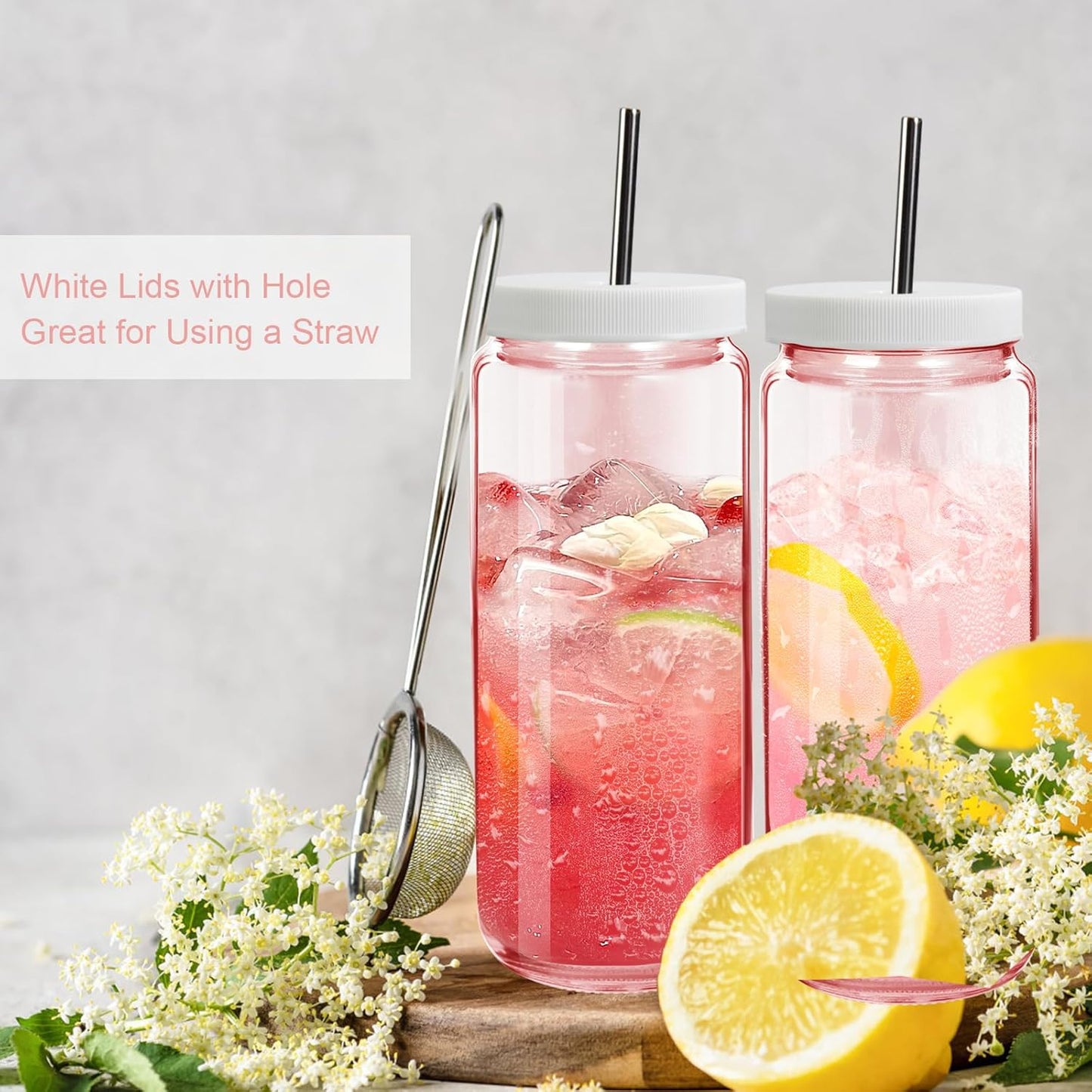 Ruckae Pink 16oz 10 Pack Juice Bottles, Glass Bottles Juicing with Lids, Smoothie Cup Lids and Straws, Water Bottle Mason Jar Drinking Glasses for Juicing, Smoothies, Kombucha