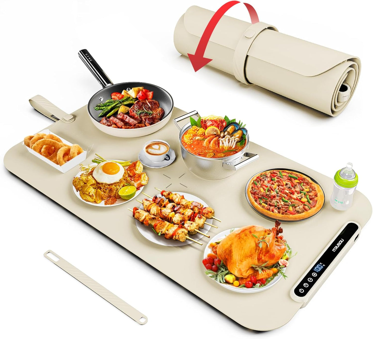 Food Warming Mat, iTRUSOU 27.5x16'' Electric Warming Tray with 7 Temp-Settings, Switchable Fahrenheit/Celsius, 99h Timer, Foldable Food Warmer Keep Food Warm at Buffet, Party, Sabbath, Daily Use