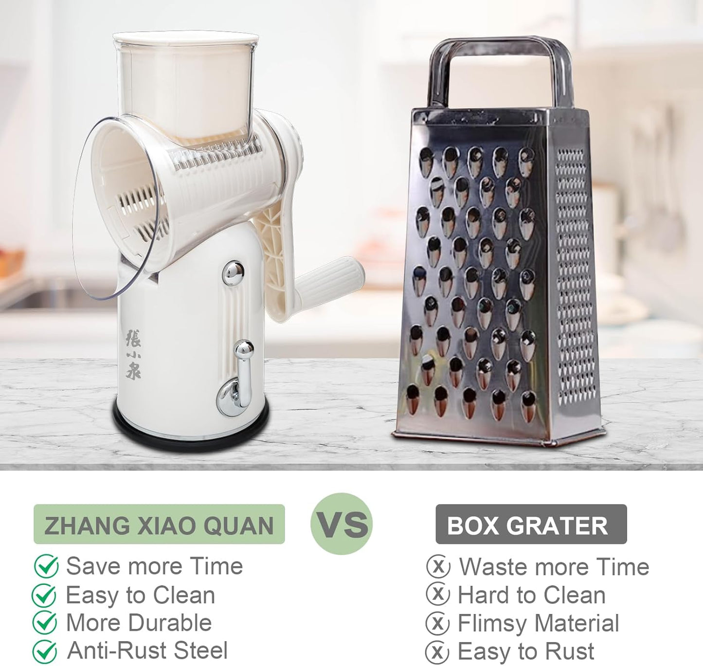 ZHANG XIAO QUAN SINCE 1628 5-in-1 Interchangeable Blades Rotary Cheese Grater Hand Crank, Cheese Shredder Mandoline Vegetable Julienne Slicer Cutter Nut Chopper with Anti-Slip Base, Blade Storage