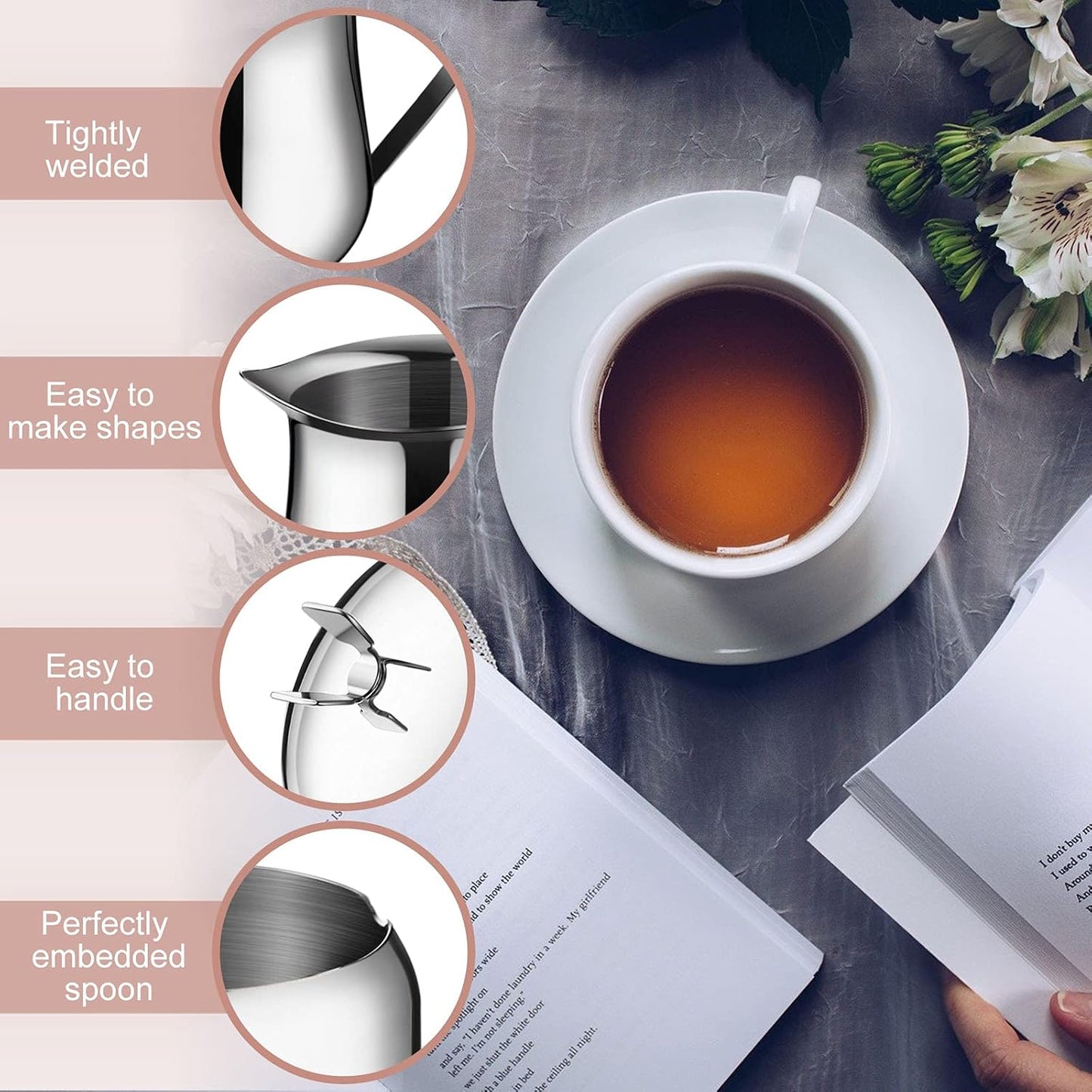 Creamer and Sugar Bowl Set Stainless Steel Latte Milk Cup Cream Jug and Sugar Bowl with Lid Spoon Tray for Coffee Serving Set Frothing Milk