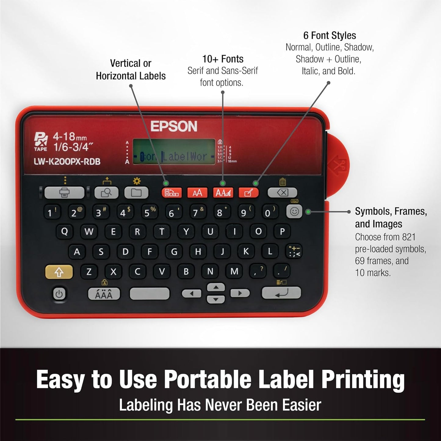 LABELWORKS Epson LW-K200PX-RDB Portable QWERTY Keyboard Label Maker for Home & Hobbies – Craft, Organize, and Personalize - Red Black Printer
