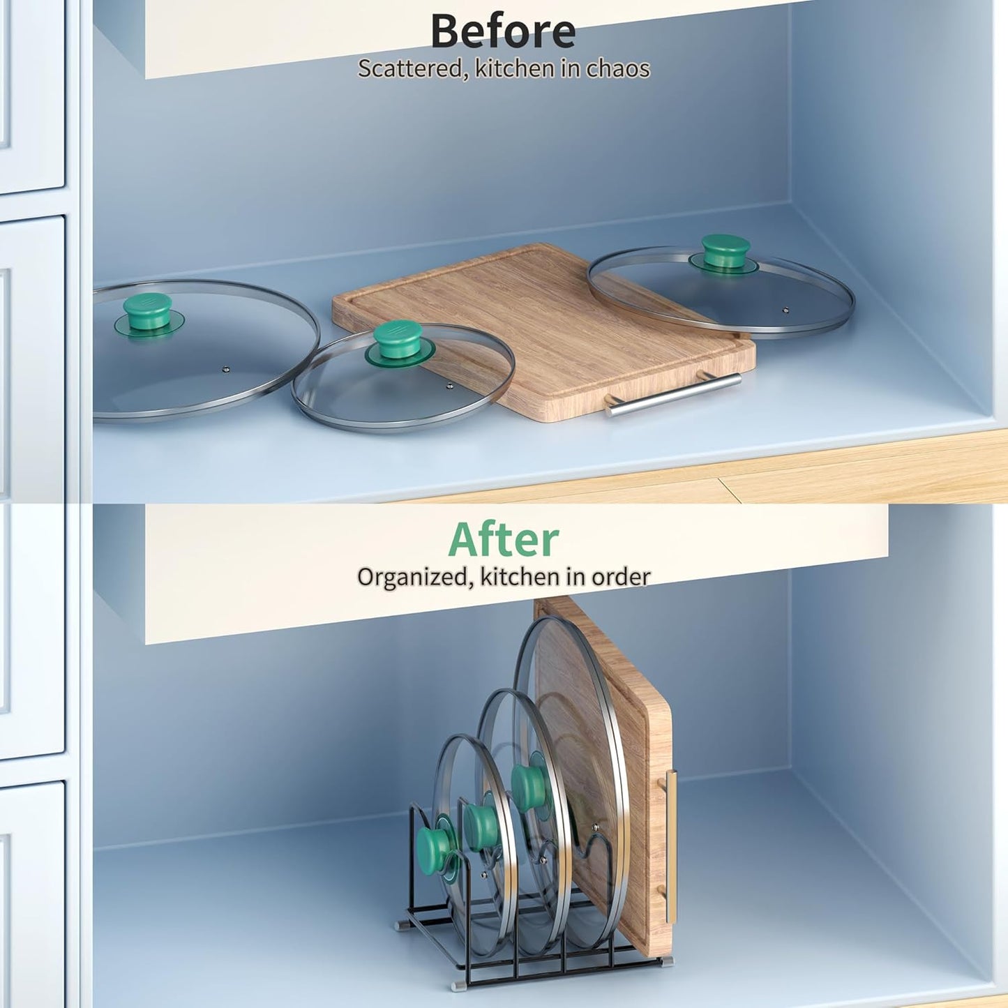 Pot Lid Organizer Rack,1.6in Wide Cutting Board Organizer for Pan Lids,Baking Sheets,Cookie Sheets, with 4 Slots,Cutting Board Holder Rack(1PC-Medium)