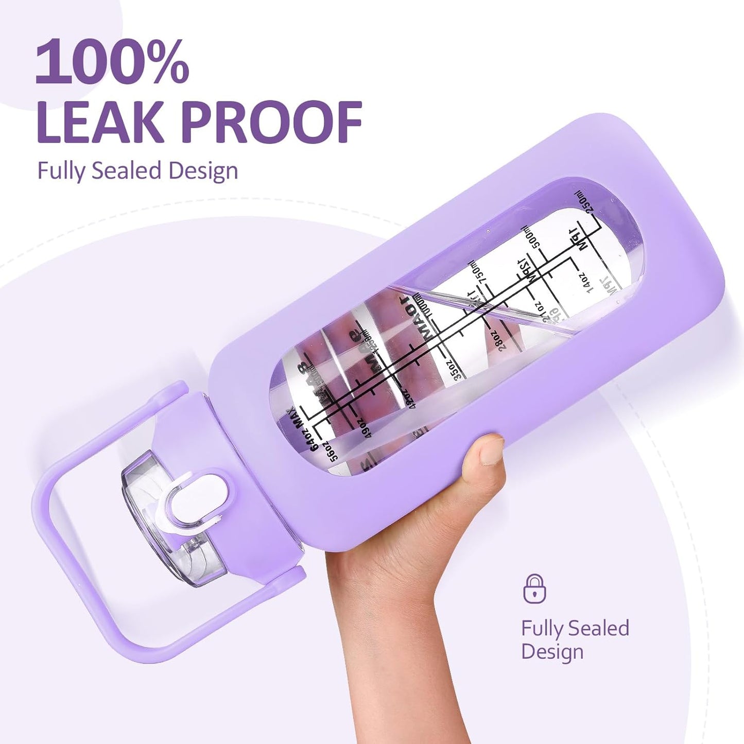 kytffu 64oz Glass Water Bottles with Straw, Half Gallon Motivational Glass Bottle with Silicone Sleeve and Time Marker, 2L Leakproof Large Glass Water Jug for Gym Home Office, Purple