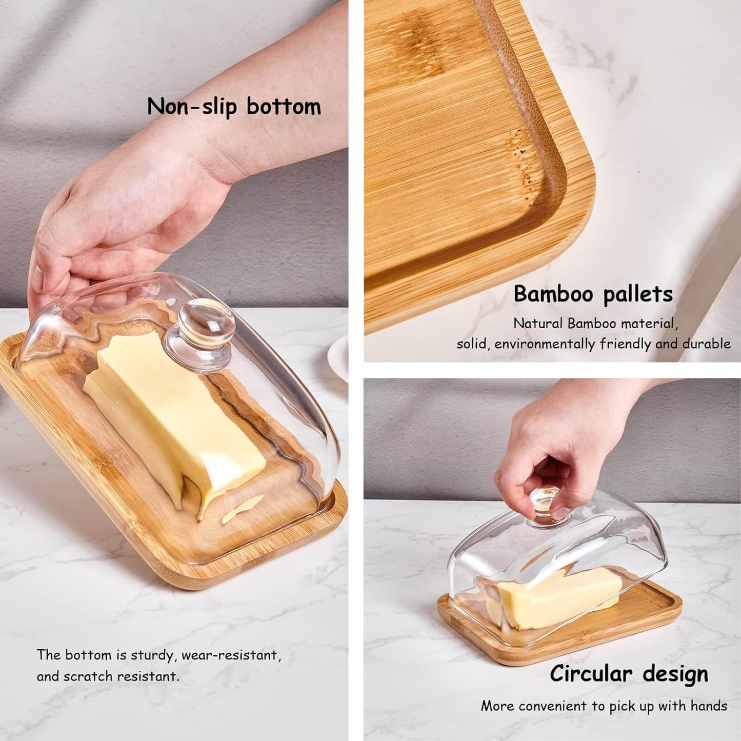 butter dish with lid, glass airtight lid keeps butter soft, for countertop and refrigerator. Widened design to fit all butters. Covered butter dishes with, Made of glass and bamboo.