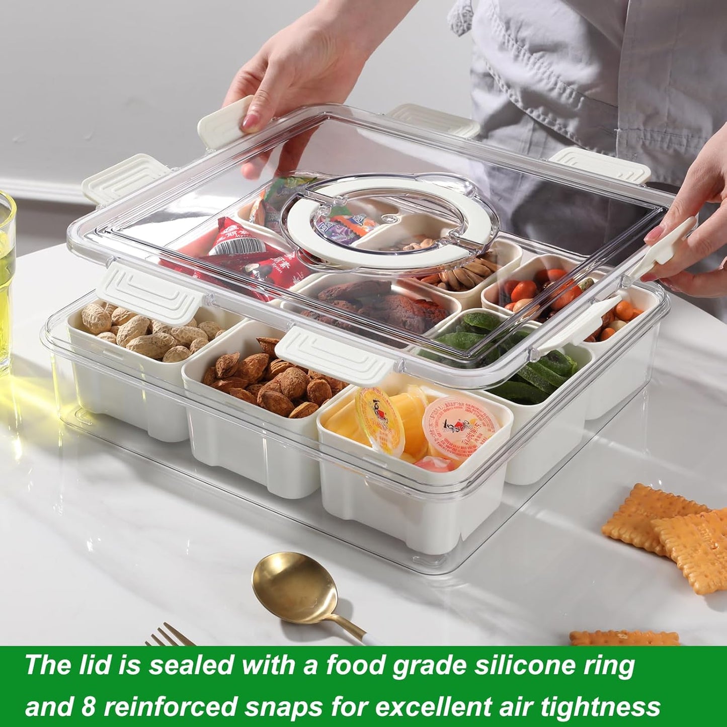 Taiuloo Divided Serving Tray with Lid & Handle, Airtight 9 Compartment Snackle Box Charcuterie Container, Fridge Organizer Bins, Food Storage Container Veggie Tray for Snack, Fruit, Candy, Nuts