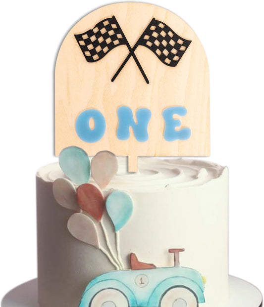 Race Car One Cake Topper - Racing Theme Wooden Cake Topper, Fast One Birthday Decoration for First Birthday Party, Anniversary, Smash Cake, Baby Photo Booth Props...