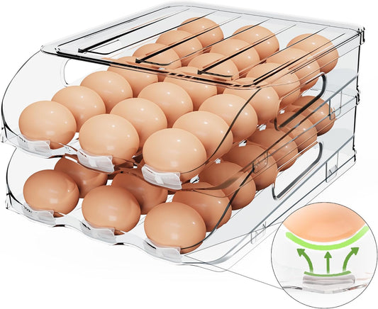 Egg Holder for Fridge, Automatic Steady Rolling Egg Dispenser with Silicone Bumpers & Handle for Refrigerator, Large Capacity Egg Organizer with Lid