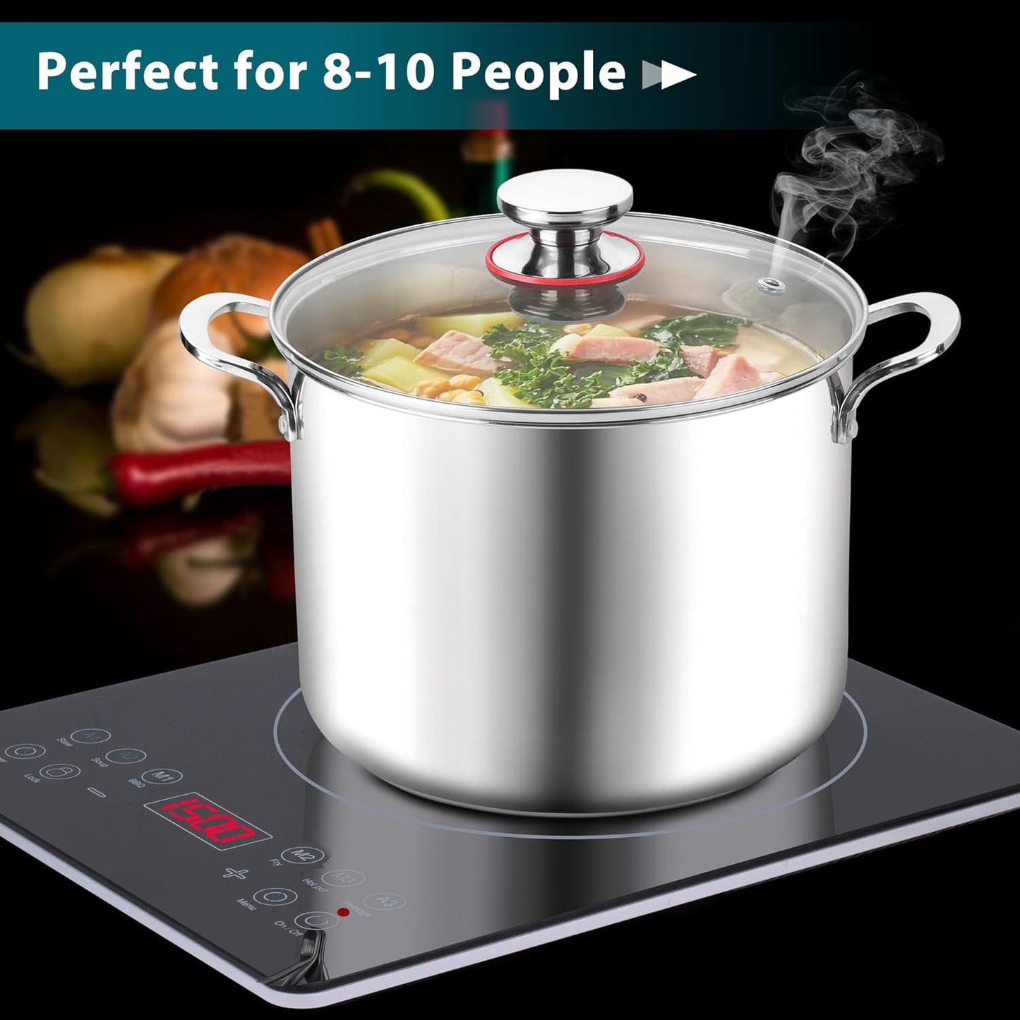 E-far 10 Quart Stock Pot, Large Tri-Ply Stainless Steel Soup Pot with Glass Lid and Riveted Handles, Tall Induction Cooking Pot for Canning/Simmering/Stewing, Heavy Duty & Dishwasher Safe