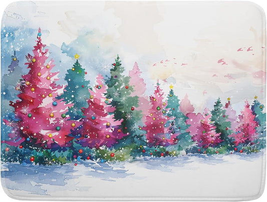 Decorative Christmas Dish Drying Mats Pink Green Xmas Tree Painting Rack Drainer Mats for Coffee Bar 18 X 24 Inch