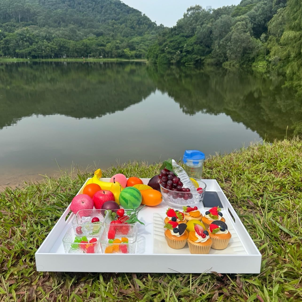 White Modern Acrylic Ottoman Tray with Cutout Handles 22x22 Inch Over-Sized Serving Tray Rubber Boot Tray Organizer Decorative Tray for Living Room, Bedroom,Bathroom and Kitchen Tabletop