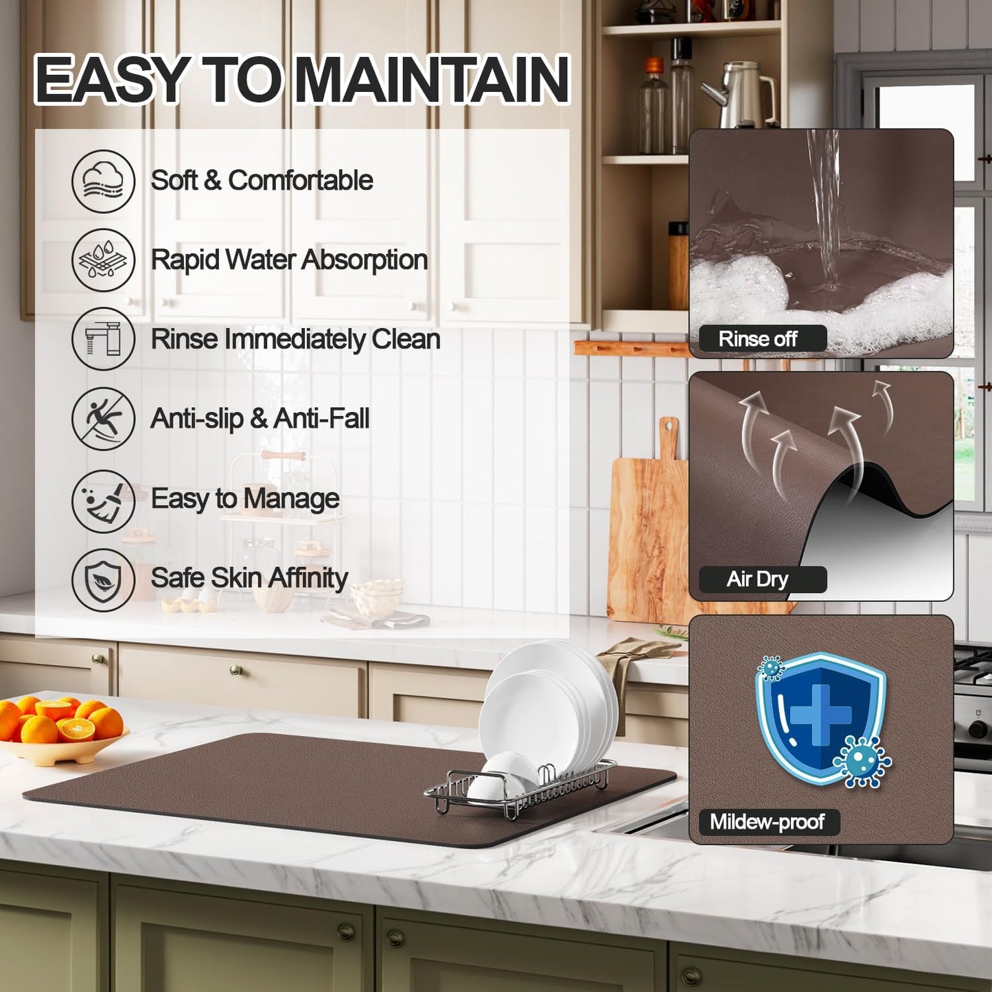 Dish Drying Mat for Kitchen Counter | Coffee Bar Mat for Countertops | Heat Resistant Drainer Mat with Non-slip Rubber Backed | Hide Stain Kitchen Absorbent Draining Mat | Brown 18"x28"