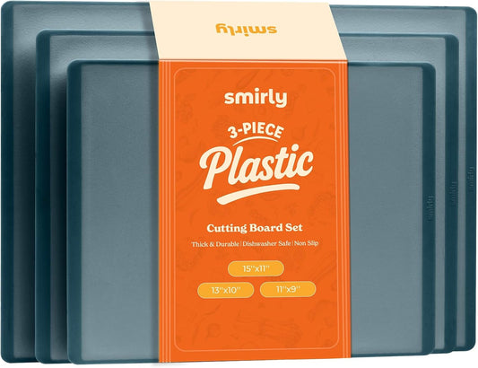 SMIRLY Plastic Cutting Board Set 3 Pieces, Non-Slip Dishwasher Safe Chopping Boards for Kitchen, Blue