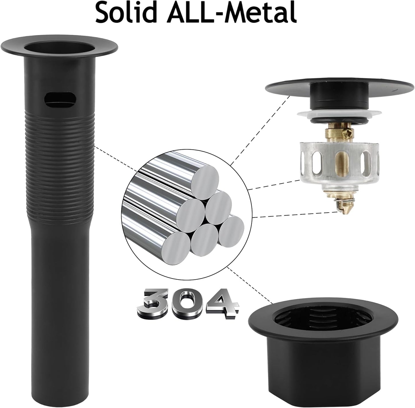 Bathroom Sink Drain,Drain Stopper Bathroom Sink with Overflow,Pop Up Drain Assembly with Detachable Strainer Basket,Built-in Anti-Clogging, Stainless Steel Nut Mattle Black