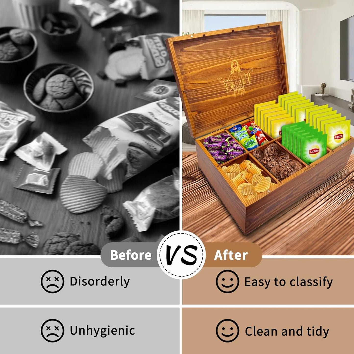 Hand-Carved Acacia Wooden Tea Box Organizer Storage Box, 8 Compartments Multi-Use Tea Bag Holder, Large Capacity for 80+ Tea Bag Storage, with Exquisite Patterns Tea Organizers and Storage