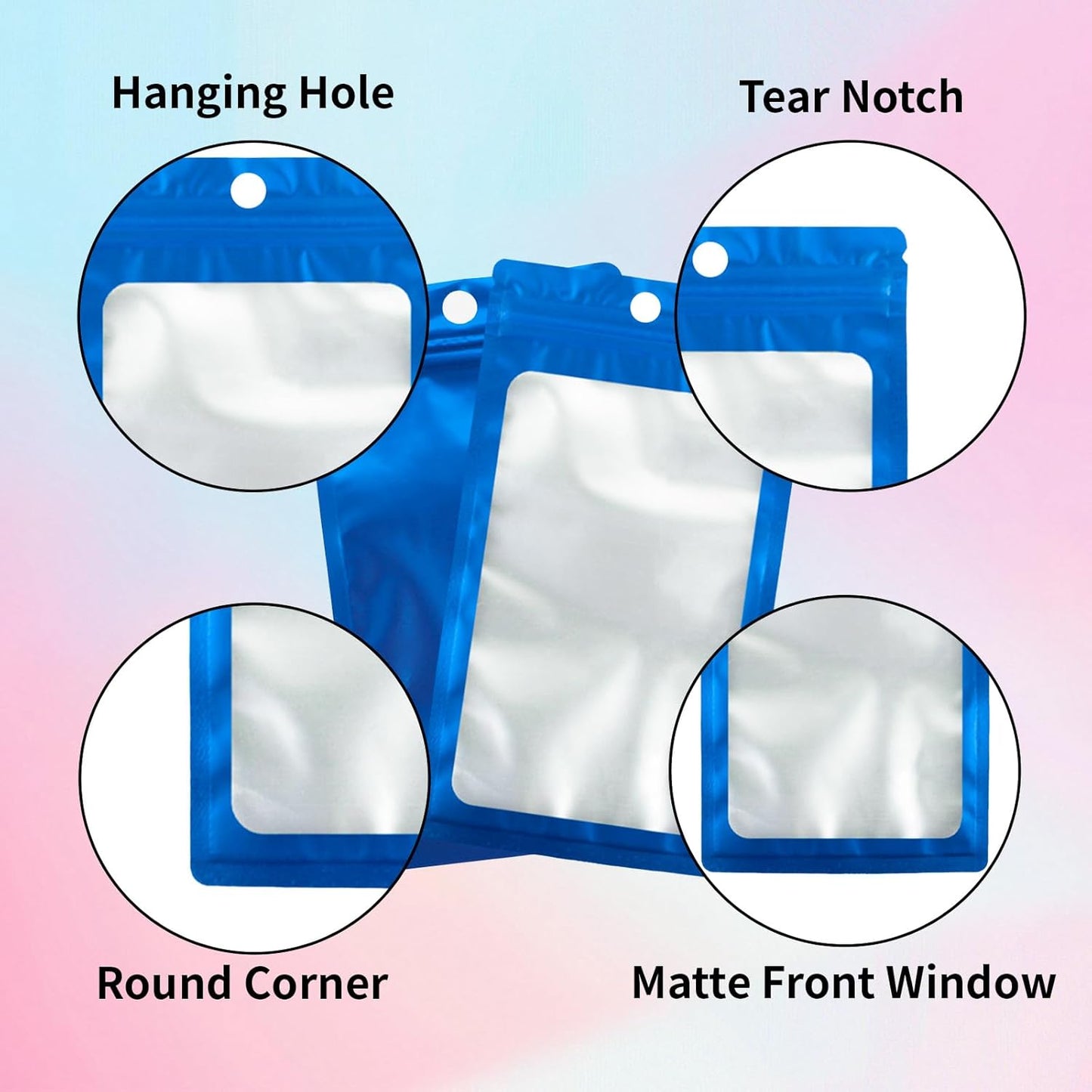 200 Pack Resealable Mylar Holographic Bags Food Storage Smell Proof Bags with Front Window Foil Packaging Pouch for Candy Sample Jewelry Small Business 3.54×6.29 Inch, Blue