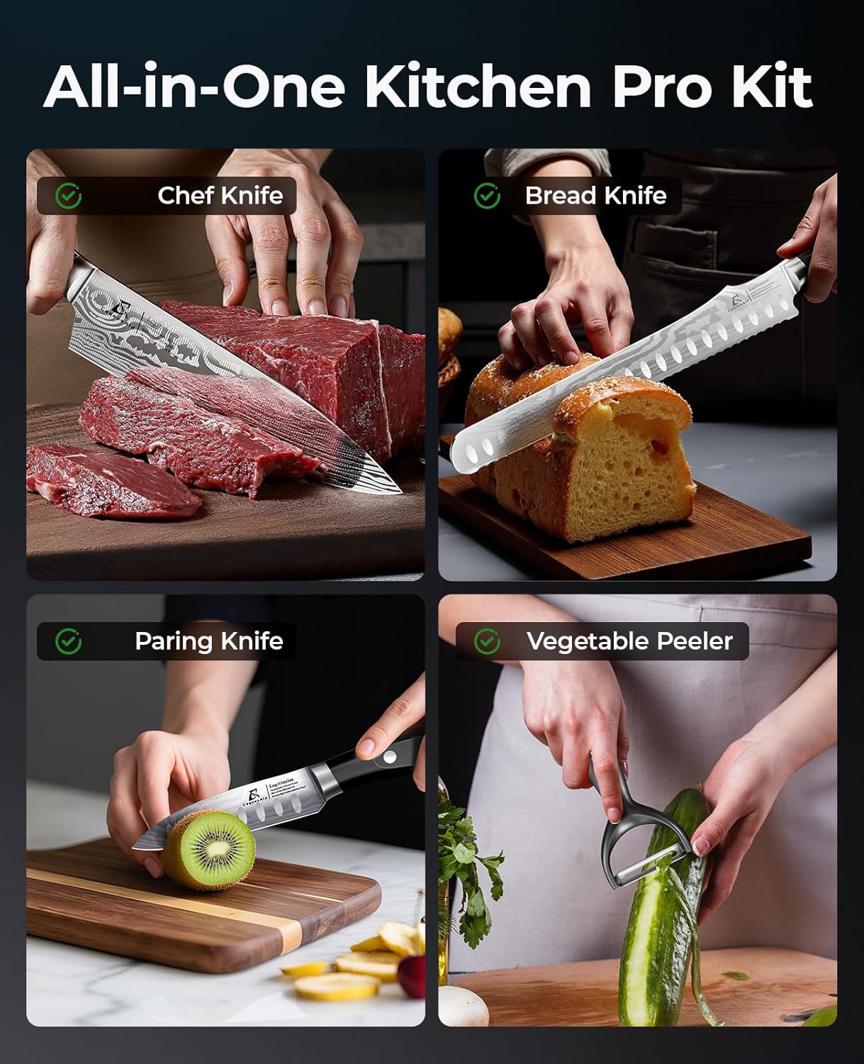 Essential Chef Knife Set, Professional Damascus Pattern Kitchen Knives Set 4 Pcs without Block, German Stainless Steel Sharp, for Bread, Meat Cutting, Fruits, Vegetable, Bbq, Home Cooking, Gift Box