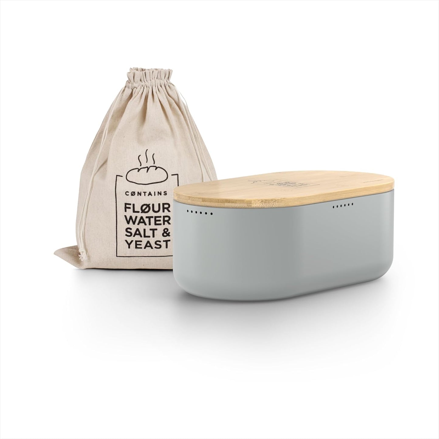 LARS NYSØM Bread Box I Metal Box with linen bag for long lasting freshness I Bread Bin with bamboo lid usable as cutting board I 14.2x7.5x5.1 In (Ash Gray)
