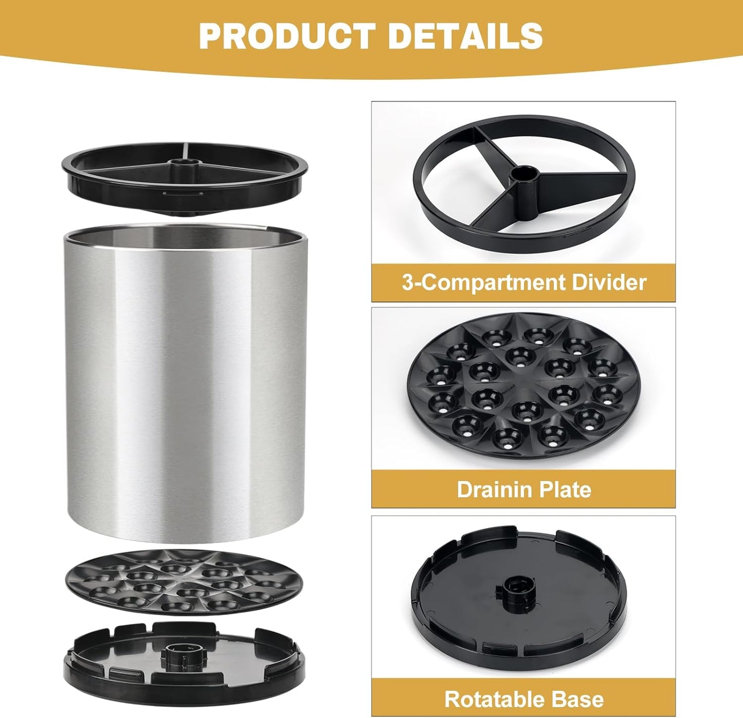 2Pack Kitchen Utensil Holder Set - 360° Rotating Stainless Steel Large Cooking Utensil Stand for Counter, 3 Compartment Flatware Caddy with Removable Base for Knife, Fork & Spoon Organizer - Sliver