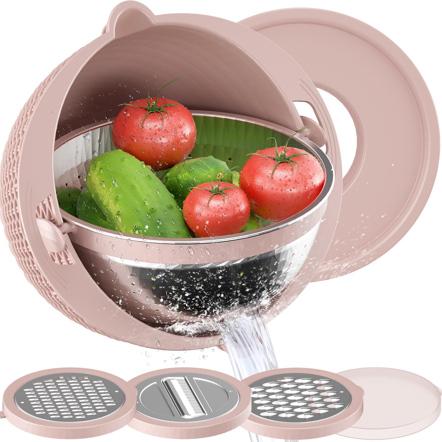4-1 Strainer Bowl with Lid Set - Strainers and Colanders, Colander for Kitchen, Pasta Strainer, Fruit Cleaner, Veggie Wash, Funny Kitchen Present, Fruit Washing Bowl, Cooking Present for Women - Pink