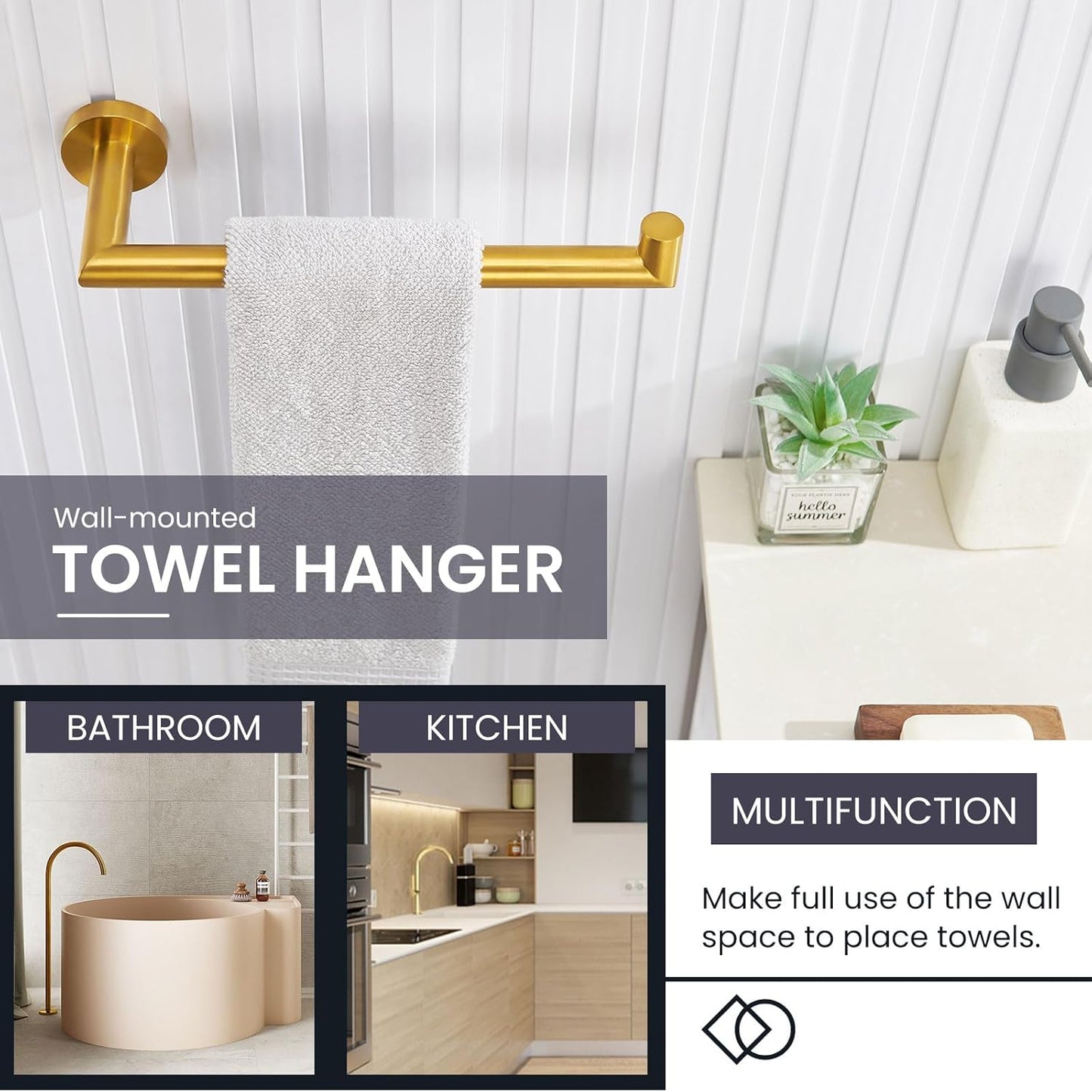 Suyar Brushed Gold Towel Holder, SUS 304 Stainless Steel Bathroom Kitchen Hand Towel Rack Bar for Wall