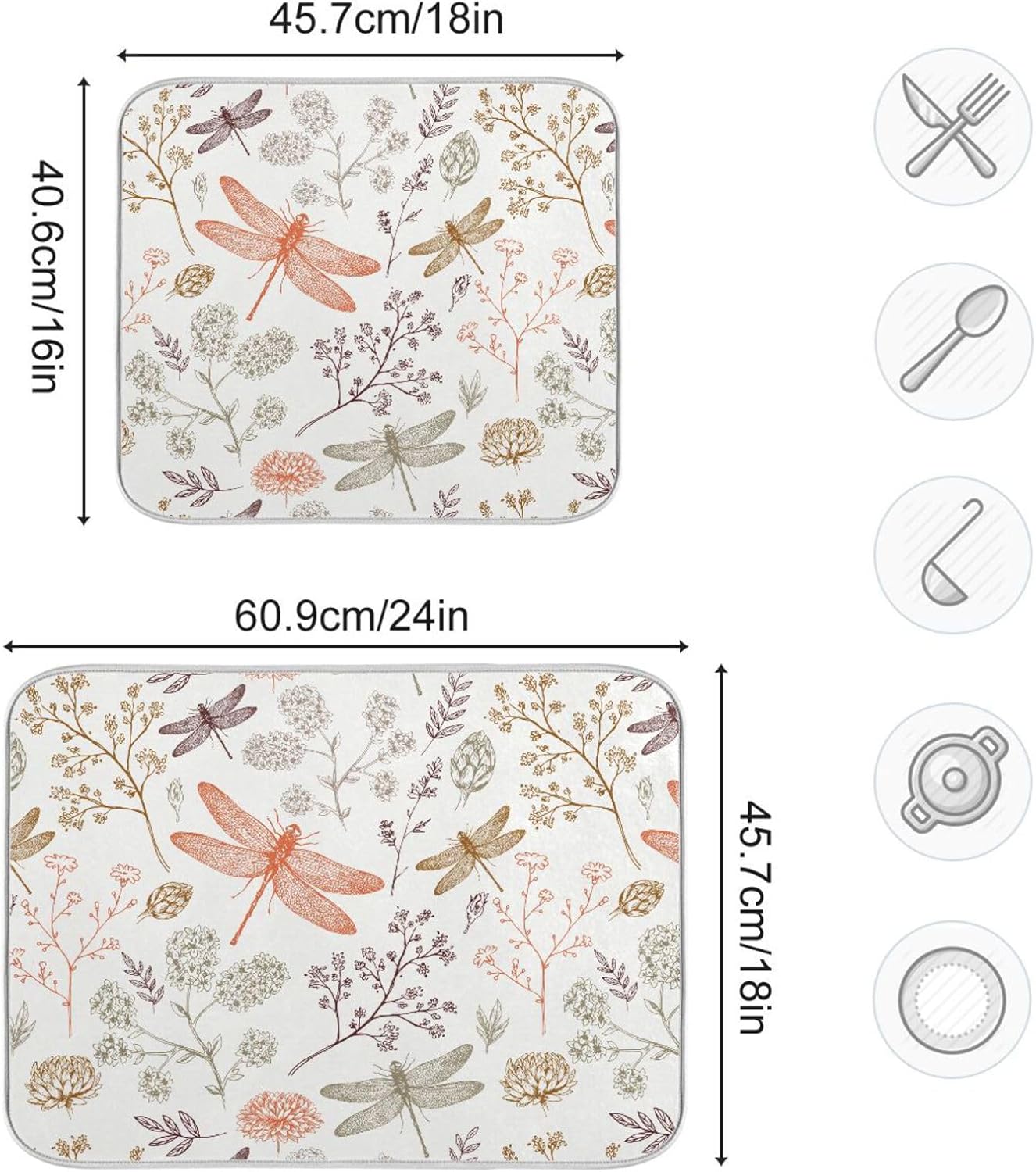 Dragonfly Botanical Plant Dish Drying Mat for Kitchen Counter Absorbent Microfiber Drying Pad, Medium 16x18 in, Reversible Drainer Mats