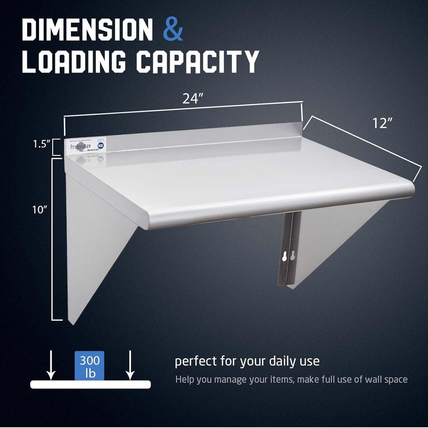 Profeeshaw NSF Stainless Steel Shelf 18” x 24”, 300 lb Commercial Shelves Wall Mounted Metal Shelving with Backsplash and 2 Brackets for Restaurant, Bar, Utility Room, Kitchen and Garage