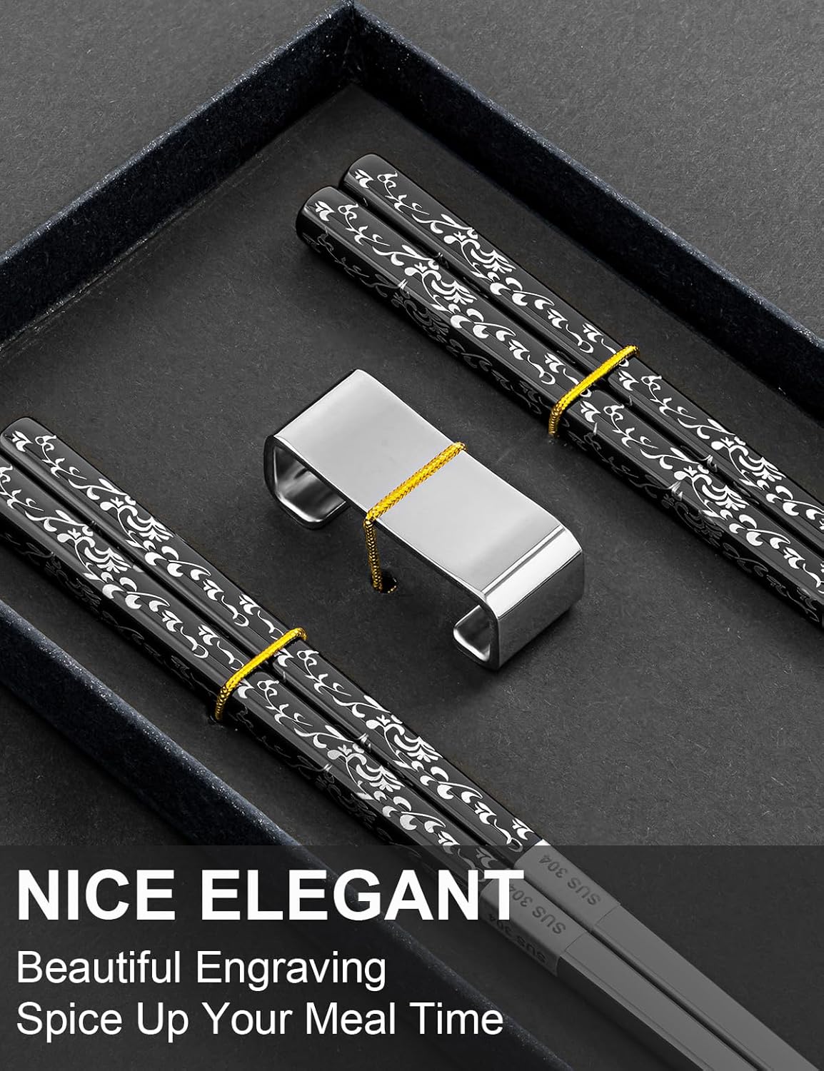 Metal Reusable Chopsticks 2 Pairs Titanium Plated Stainless Steel Chopsticks with Holder, Dishwasher Safe Non-Slip Japanese Style Chop Sticks Present Set (Black Silver)