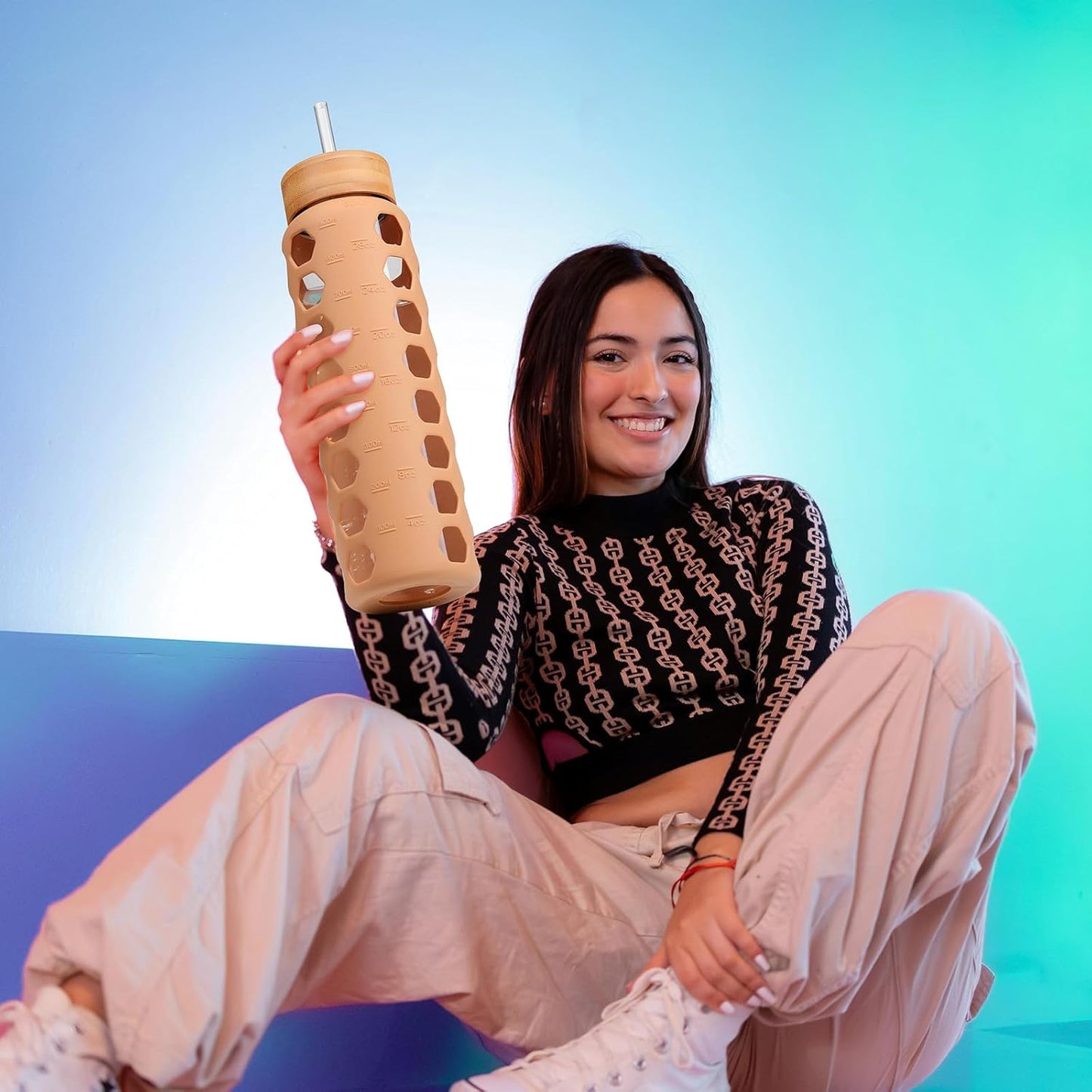 MUKOKO Glass Water Bottles, 32oz Glass Tumbler with Straw, Drinking Bottles with 2 Lids-Handle Spout Lid&Bamboo Straw Lid, Motivational Water Bottle with Time Marker and Silicone Sleeve, 1 Pack-Amber