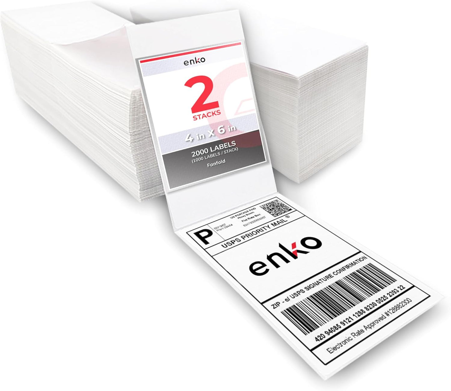 enKo 2 Stacks/2000 Labels 4"x6" Fanfold Direct Thermal Labels Compatible for Rollo Zebra Printer - Shipping Mailing Postage Labels, Perforated, Permanent Adhesive (2 Labels/Fold | 1000 Labels/Stack)