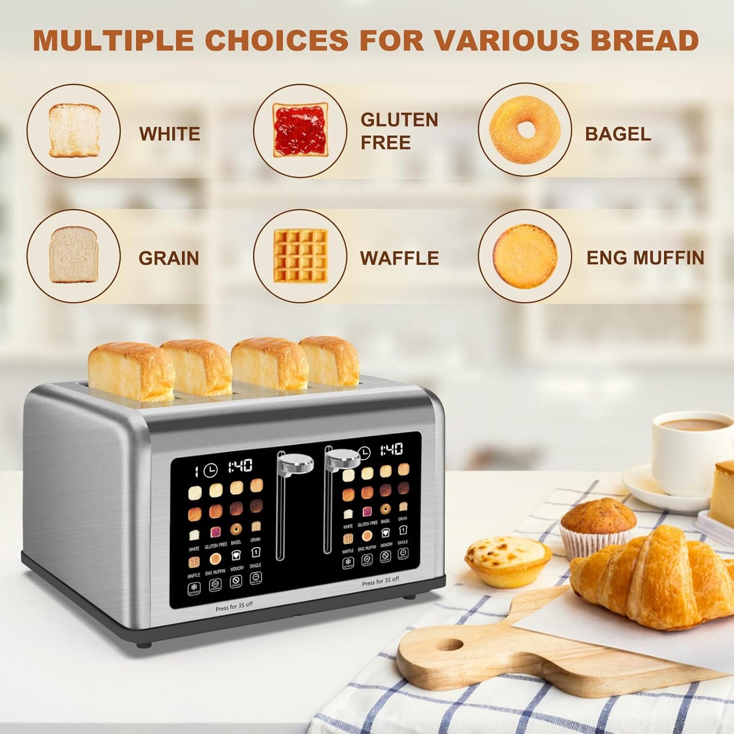 4 Slice Toaster Touch Screen, Stainless Steel Toasters Digital Timer, Dual Control Panel Toasters, 8 Shade Settings 6 Bread Types for Bagel, Cancel, Defrost 1650W