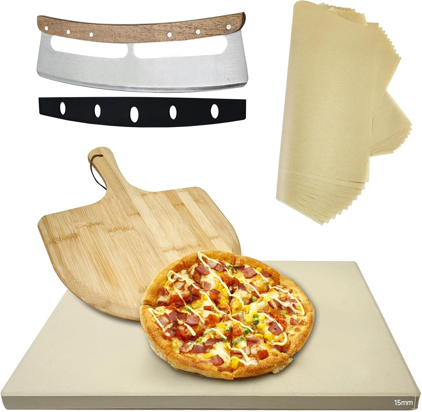Rectangular Pizza Stone 4 Sets,12"x15"x0.59"(OAK) Pizza Stone for Oven and Grill with Bamboo Pizza Peel, Pizza Cutter and 10pcs Cooking Paper,Grill Stone Baking Stone for Bread,BBQ,Grill