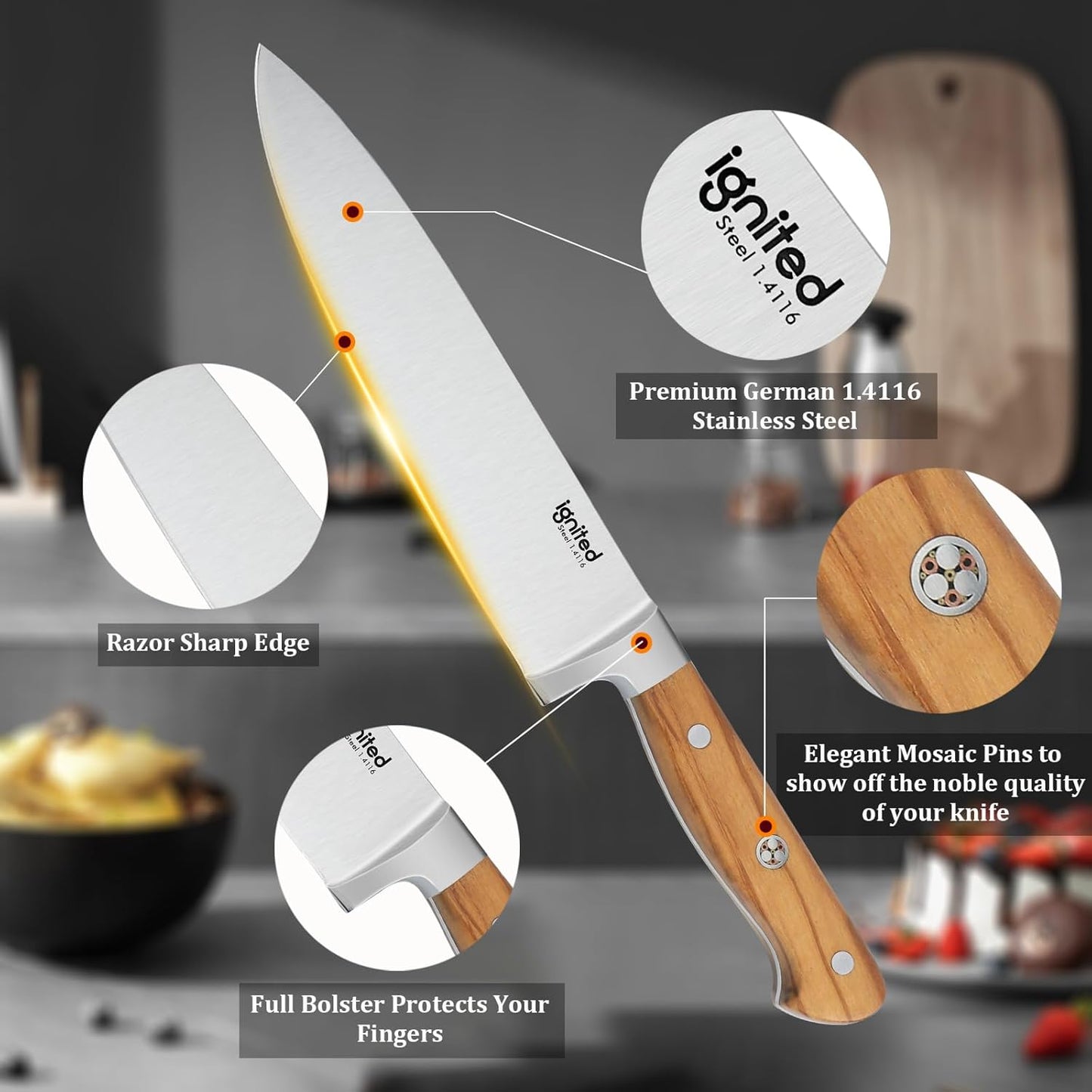 8 Inch Chef Knife, 1.4116 German High Carbon Steel Chef's Knife, Chefs Knife with Ergonomic Olive Wood Handle, Professional Full Tang Kitchen Knife with Gift Box