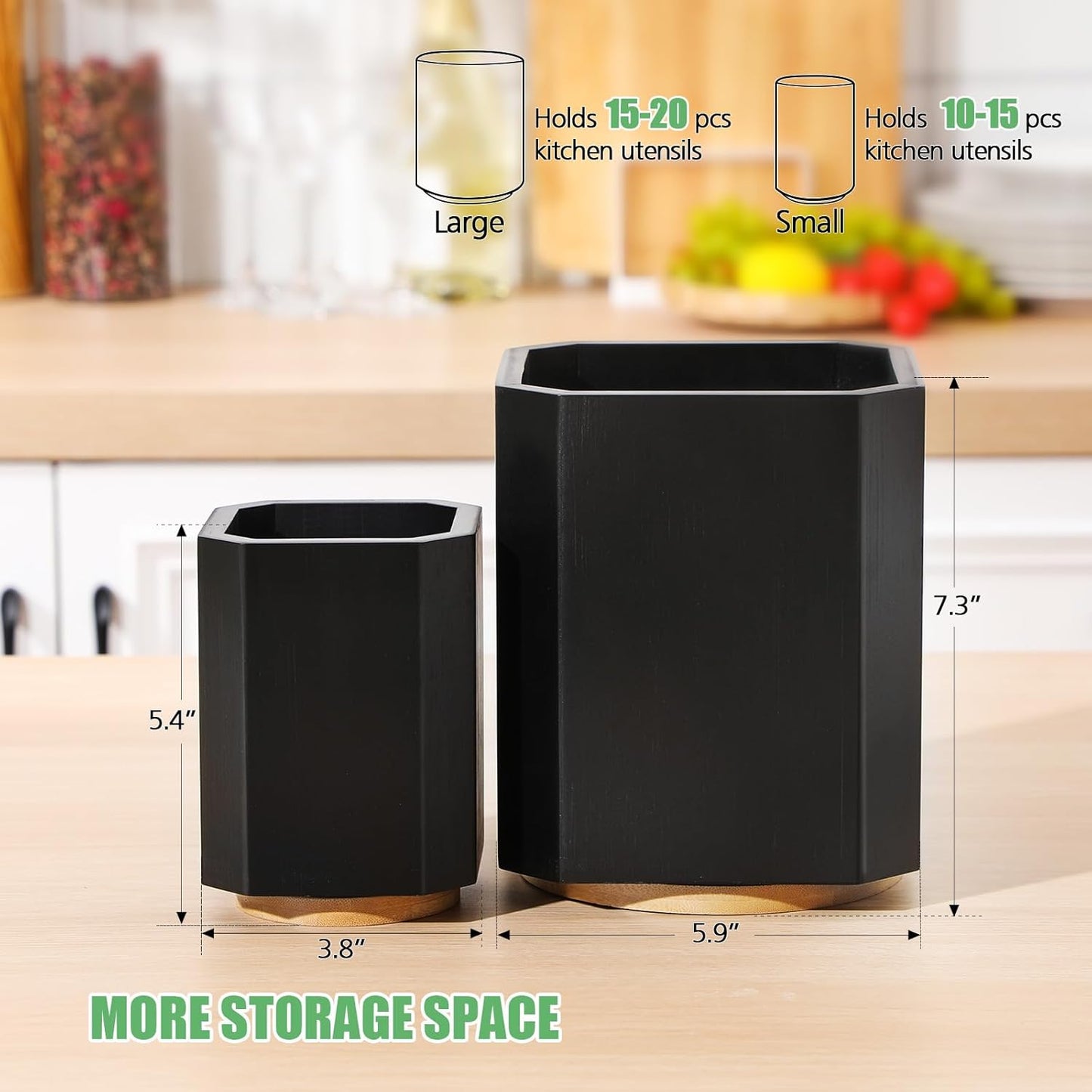 2 Pack Wooden Utensil Holder, 360°Rotating Kitchen Cooking Utensil Crock, Spoon Spatula Holder for Kitchen Counter, Farmhouse Countertop Organizer(Black,Square)