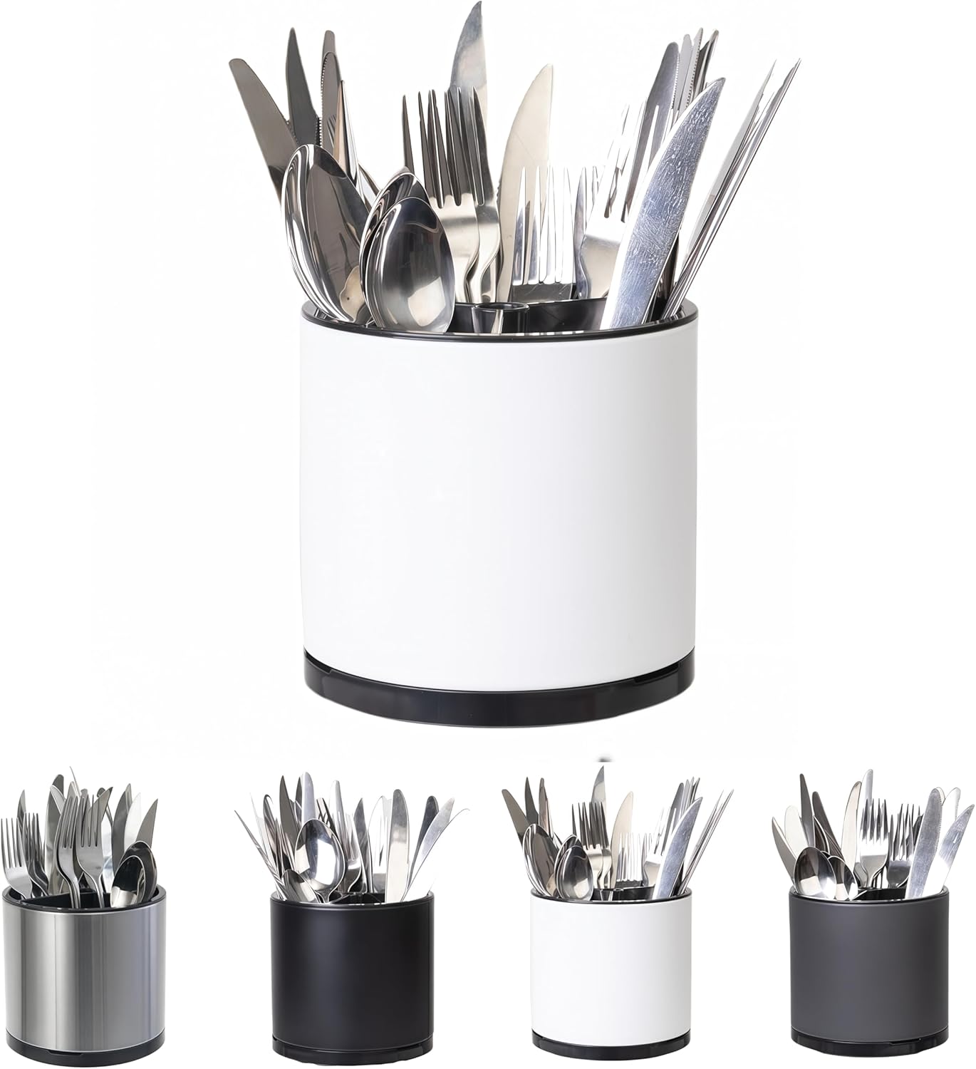 Kitchen Utensil Holder Silverware Organizer 360°Rotating For Counter Organizer Stainless Steel Storage Silverware Caddy 3 Compartment Flatware Spoon Spatula Tool Cutlery Container（White）