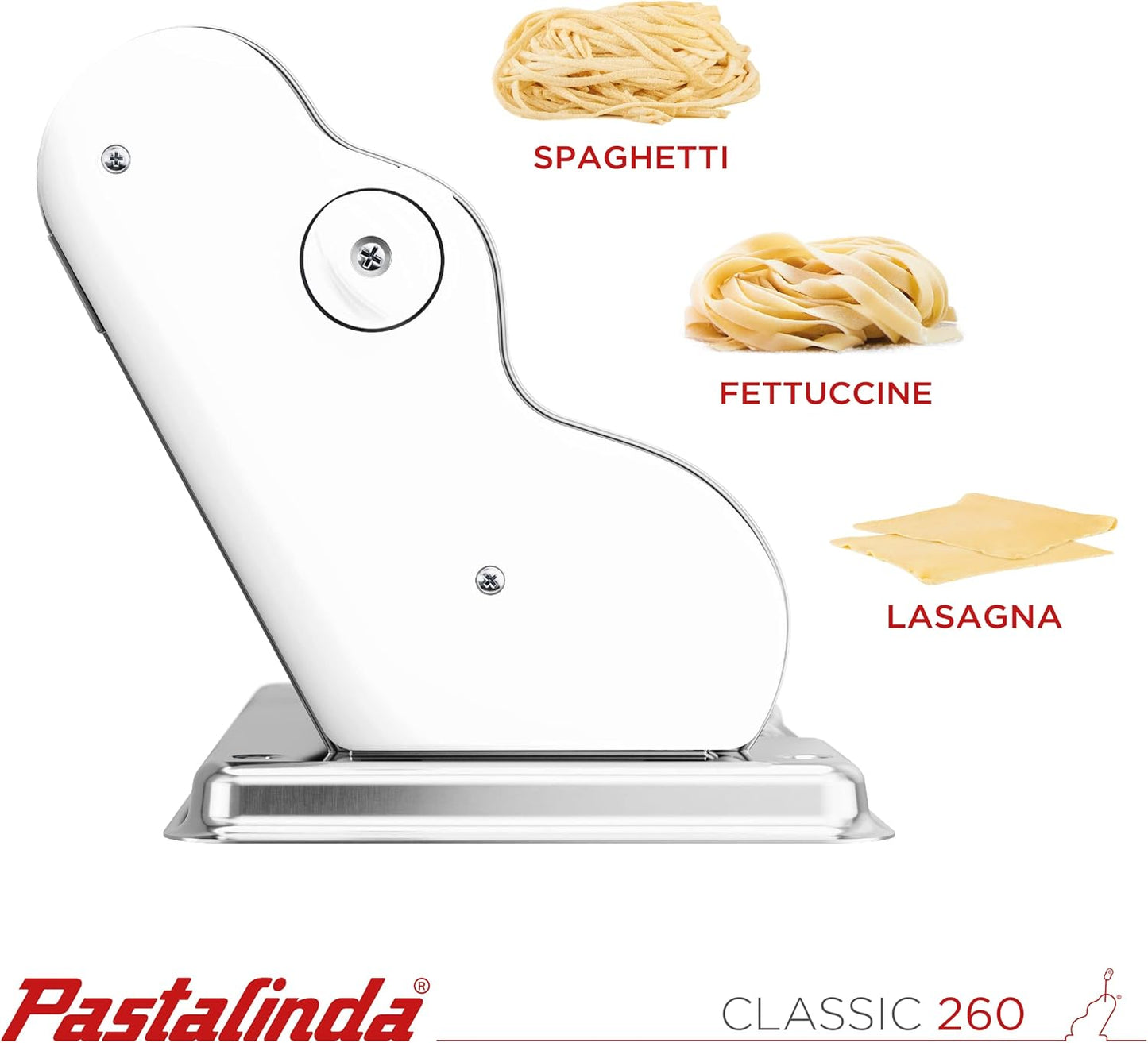 PASTALINDA Classic 260 Pasta Maker Machine, 26 cm Wide Rollers, 9 Thickness Positions, 2 Cutting Positions, Stainless Steel. Includes Reinforced Hand Crank And Two Clamps (White)