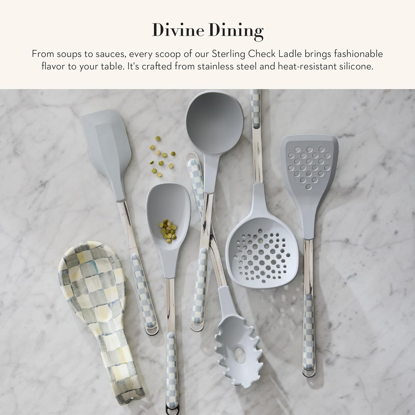 MACKENZIE-CHILDS Kitchen Ladle, Silicone Ladle Spoon for Cooking, Gray-and-White Sterling Check