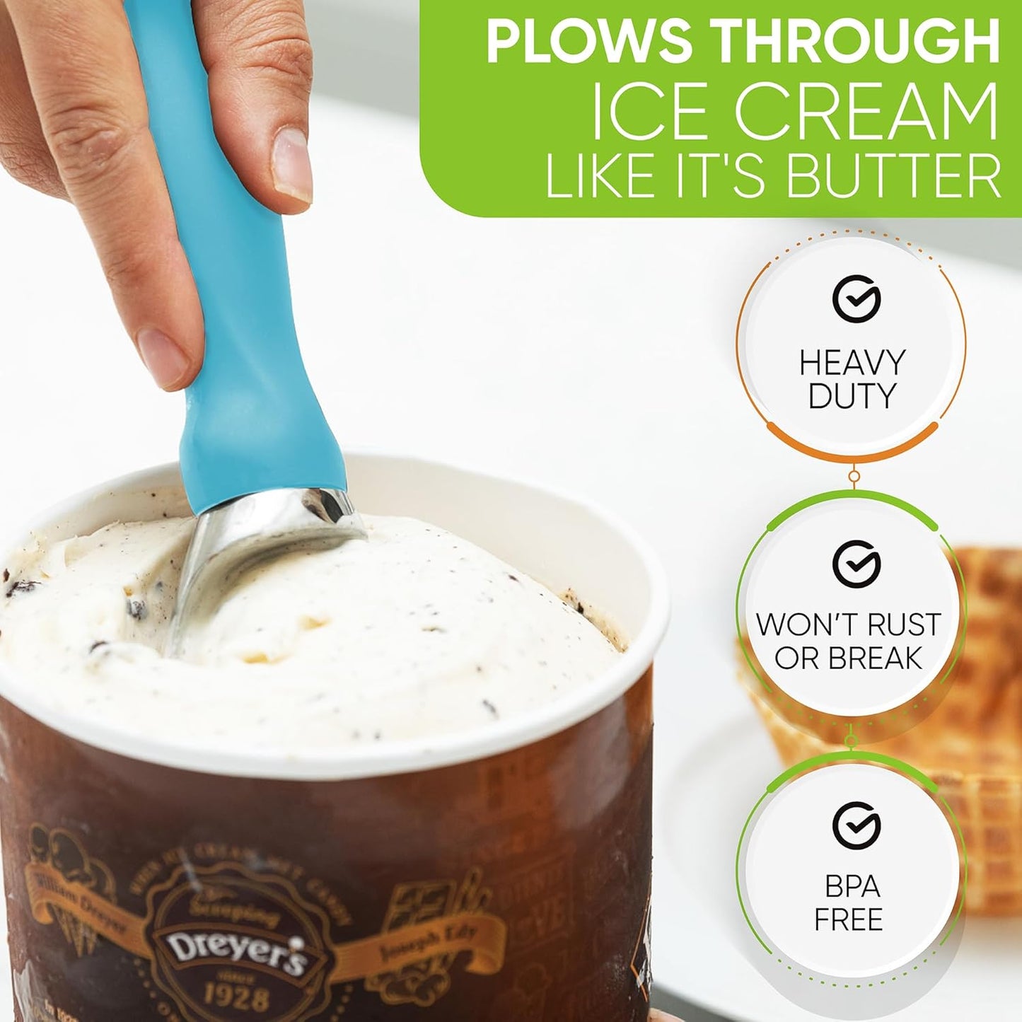 Spring Chef Ice Cream Scoop with Soft Grip Handle, Professional Heavy Duty Sturdy Scooper, Premium Kitchen Tool for Cookie Dough, Gelato, Sorbet, Aqua Sky