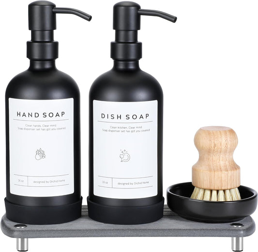 [Luxury] Kitchen Soap Dispenser Set - 16OZ Black Glass Bottle, Stainless Steel Pump, Instant Dry Tray, Waterproof Labels, Non-Slip Silicone Pad, and Dish Brush | Upgrade for Your Kitchen and Bathroom
