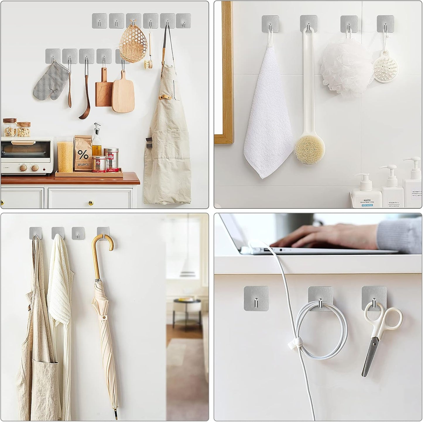 VIS'V Adhesive Hooks, Heavy Duty Shower Wall Stick on Hooks, Waterproof, 2 Extra Adhesive Strips, Silver, 4 Pcs