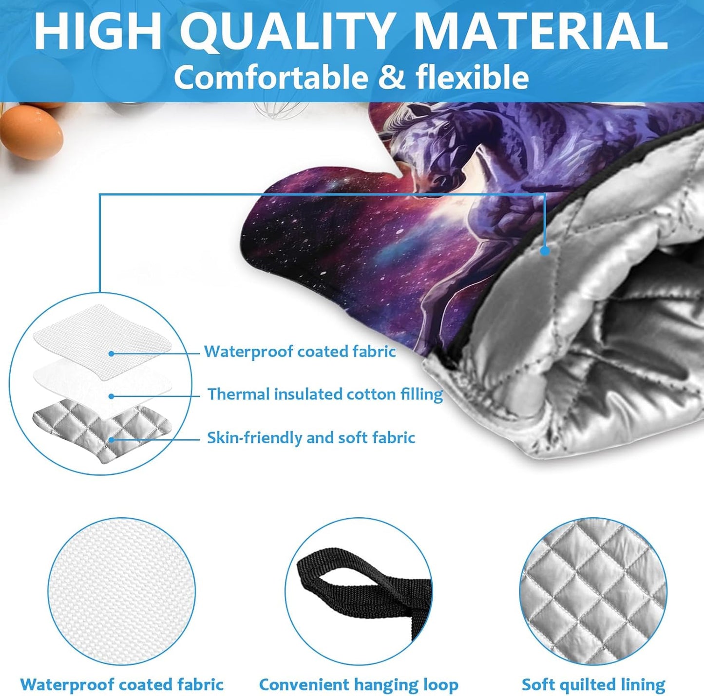 Horse Purple Galaxy Space Oven Mitts and Pot Holders Sets Heat Resistant 4Pcs Potholders Oven Gloves Hot Pads for Kitchen Baking Cooking Grilling BBQ