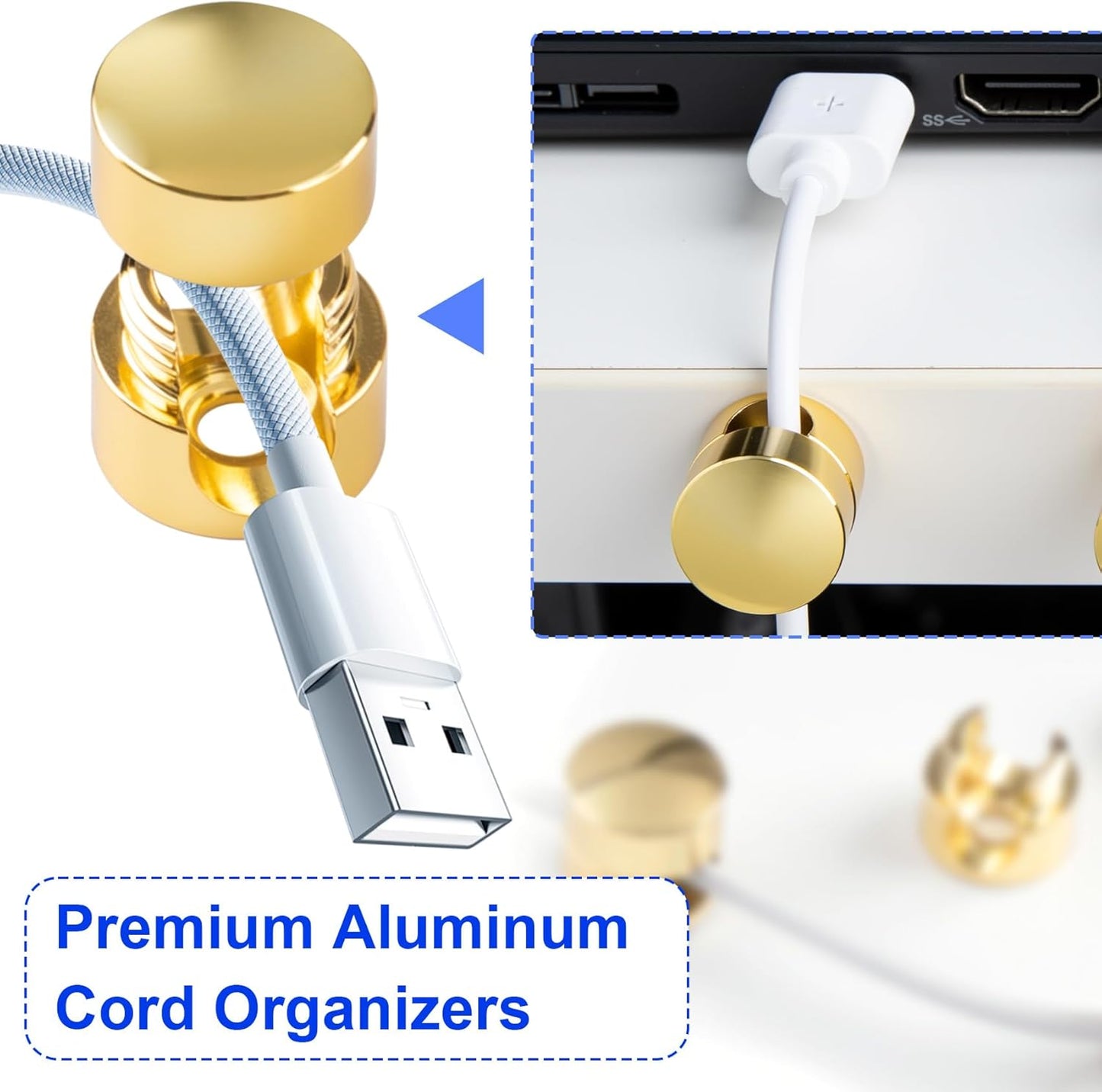 5 Sets Charger Holders for Cords, Gold Adjustable Cable Anchor Holders, Adhesive Metal Cord Clips, Cable Management Wire Organizers for Desk, Office, Nightstand